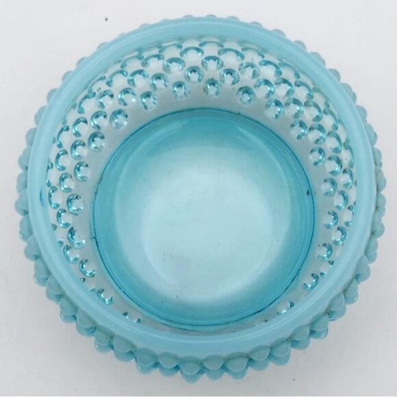 Vintage Fenton Glass Blue Opalescent Hobnail Power Jar with Wooden Lid - Picture 6 of 6